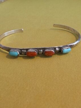 Navajo Silver, Turquoise & Coral Stone Cuff Bracelet